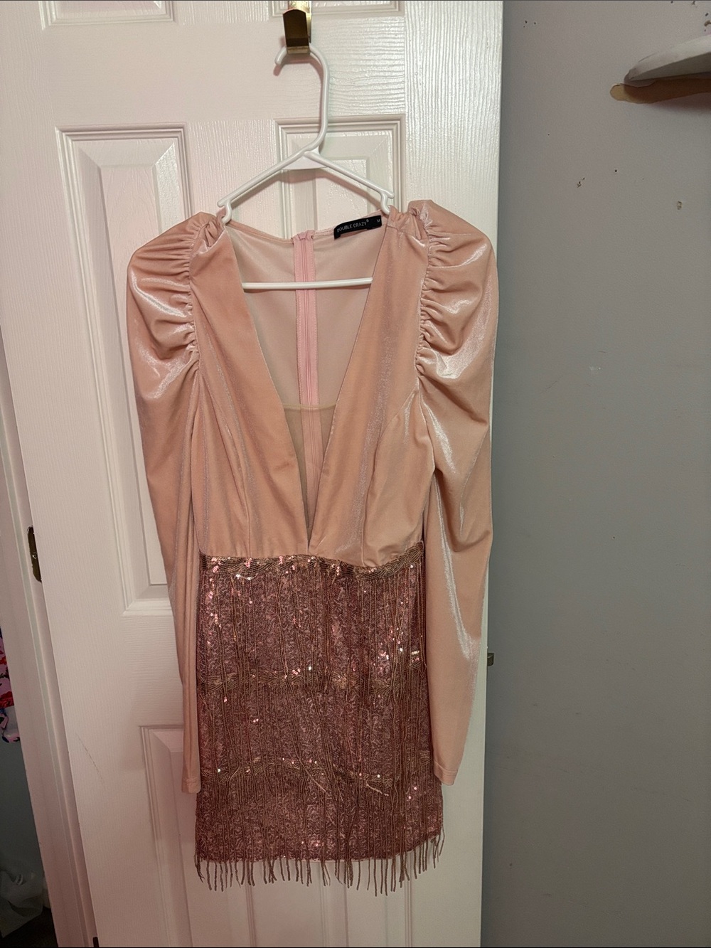 Blush Pink Sequin Fringe Mini Dress with Puff Shoulders